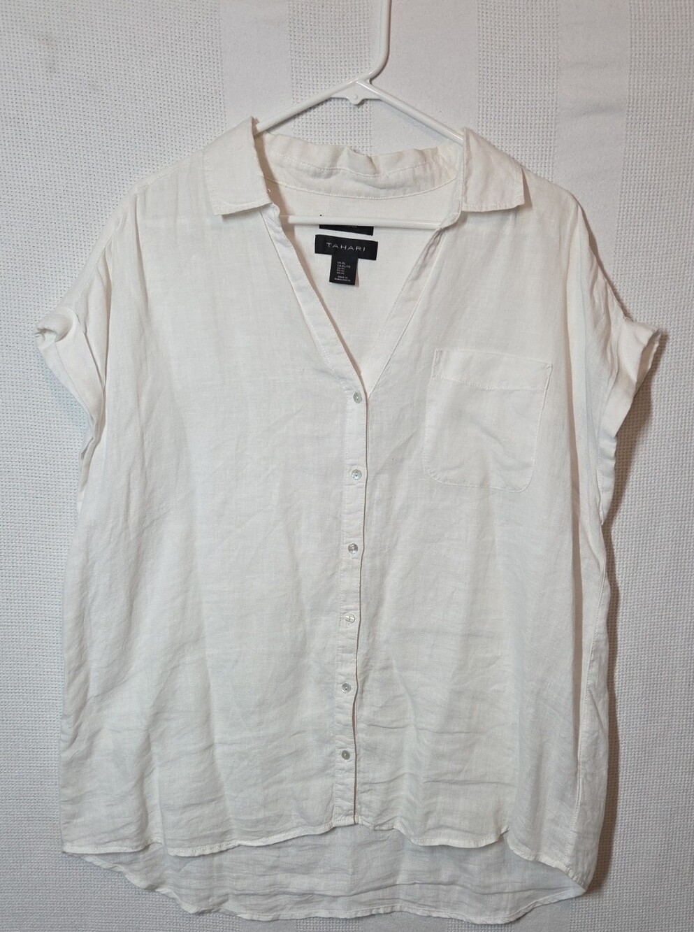 Tahari Shirt Women XL White Short-Sleeve 100% Linen 24.5" PTP